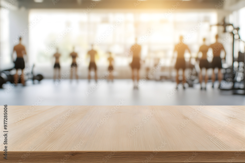 Poster blurred background of an empty wooden table in gym | workout space with minimalist design