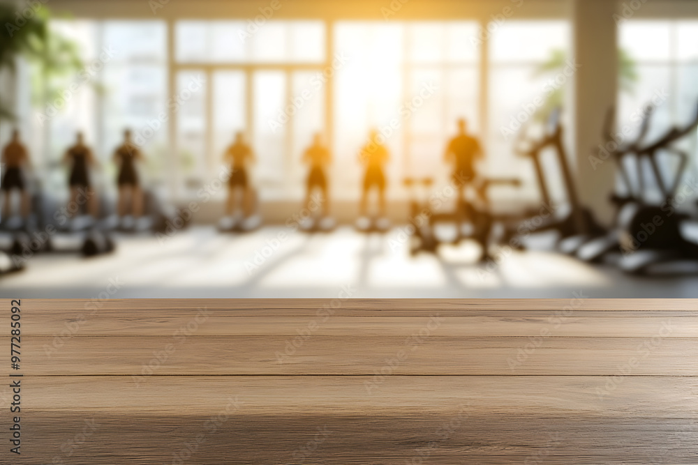 Poster blurred background of an empty wooden table in gym | workout space with minimalist design