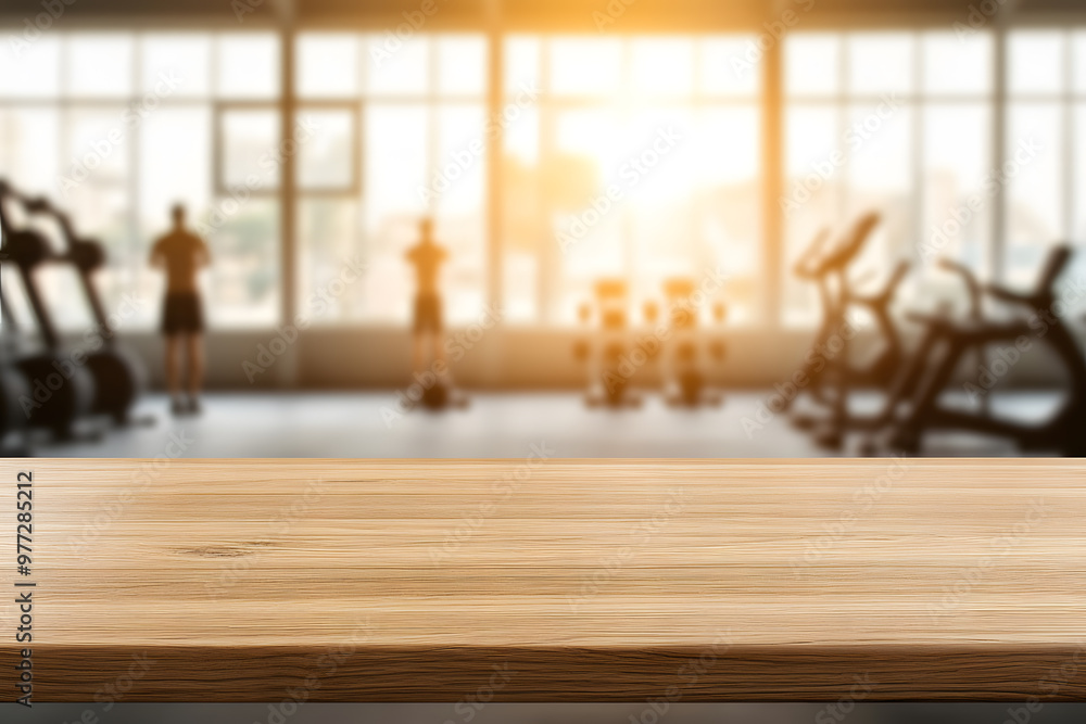 Poster blurred background of an empty wooden table in gym | workout space with minimalist design