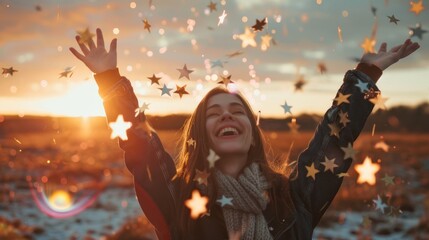 Obraz premium Happy woman with star symbol, welcoming New Year 2025 resolutions
