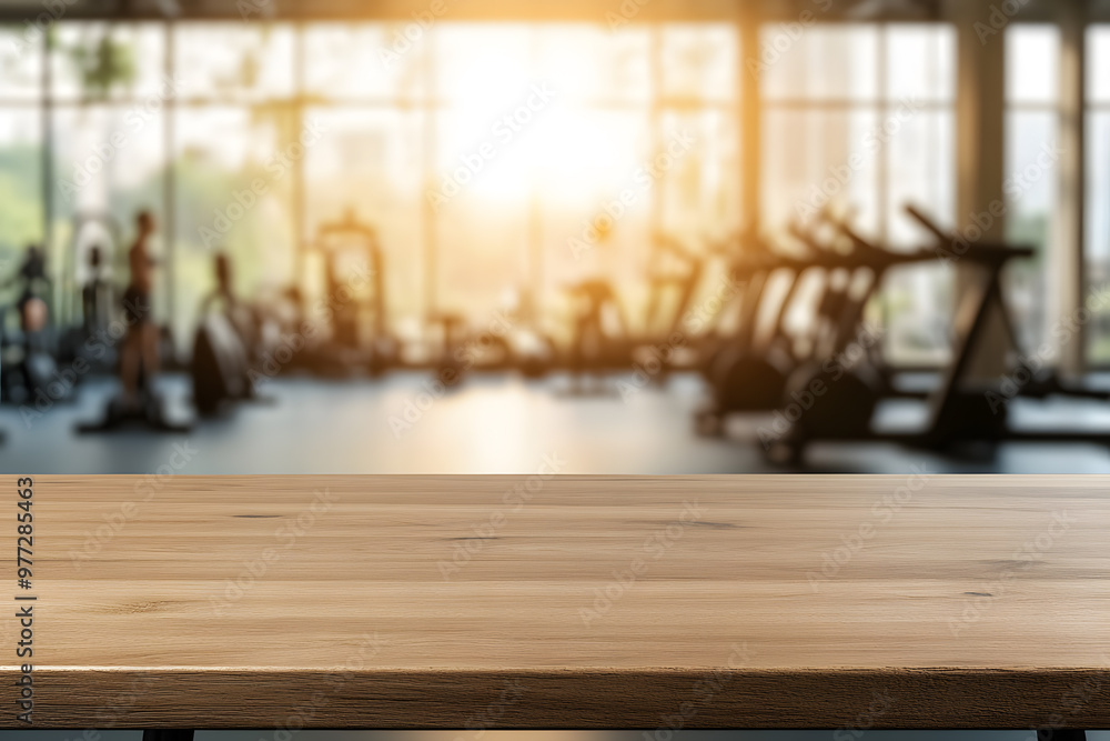 Poster blurred background of an empty wooden table in gym | workout space with minimalist design