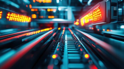 Close-up view of a futuristic data server with vibrant lights, showcasing technology and digital innovation in a sleek environment.