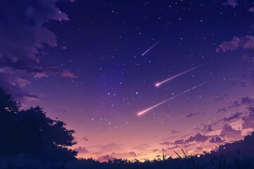 Fototapeta premium Night Sky with Shooting Stars and Silhouette of Trees