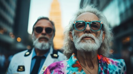 Two individuals in colorful attire stand together in a bustling cityscape, with one wearing a vibrant tie-dye shirt. A warm urban scene indicates determination and life.