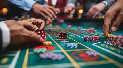 Betting Chips on Craps Table: Hands placing a bet on the craps table, dice ready to be rolled and chips in place.
