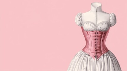 A vintage corset dress displayed on a mannequin against a soft pink background, showcasing classic fashion design and elegance.