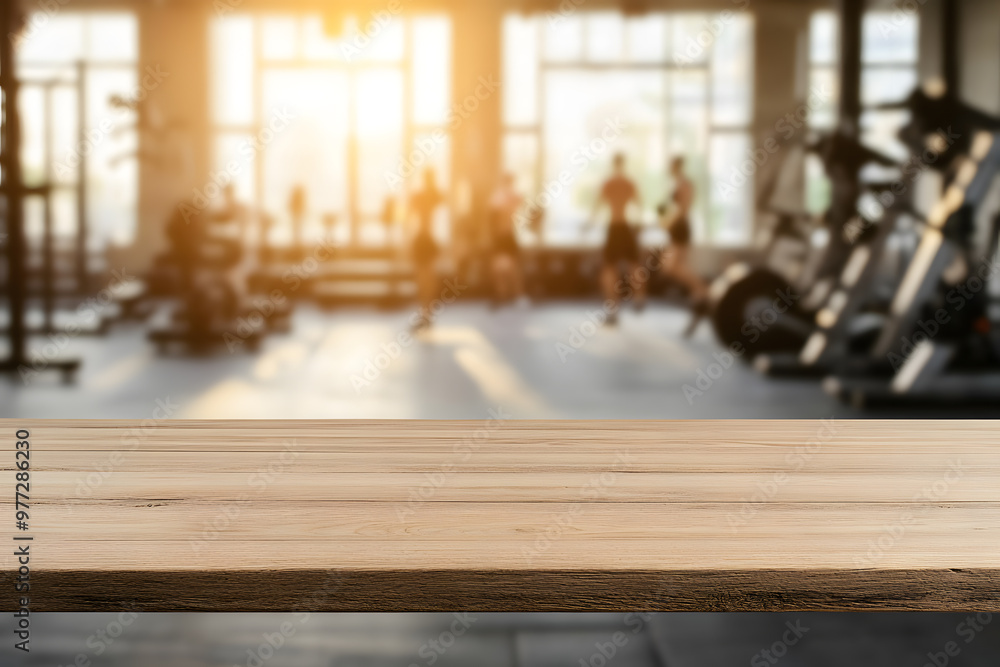 Poster blurred background of an empty wooden table in gym | workout space with minimalist design