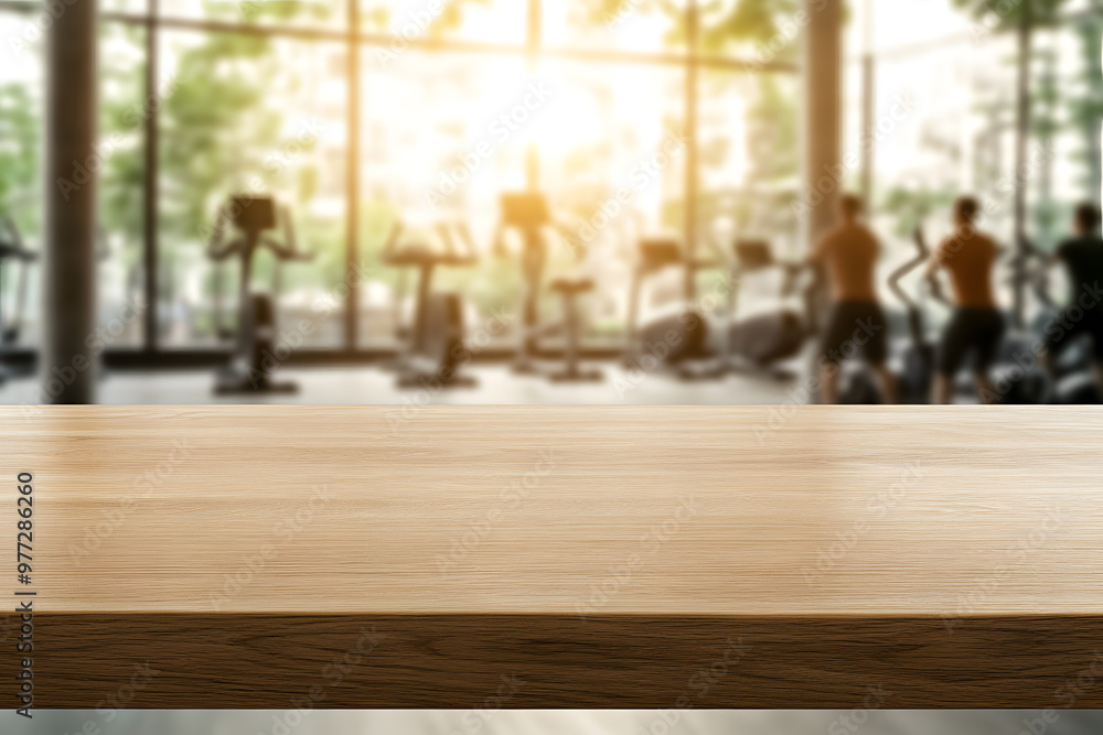 Poster blurred background of an empty wooden table in gym | workout space with minimalist design