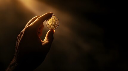 Hand Holding a Medal in a Spotlight: A hand holding a medal high, illuminated by a dramatic spotlight, with the background fading into darkness.
