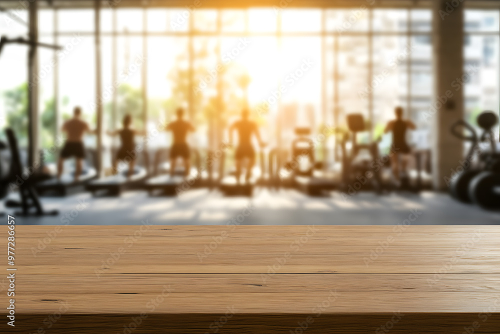 Poster blurred background of an empty wooden table in gym | workout space with minimalist design