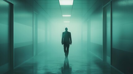 Fototapeta premium Phantom Executive in a Suit Haunting Misty Office Corridor - Spooky Business Halloween Illustration