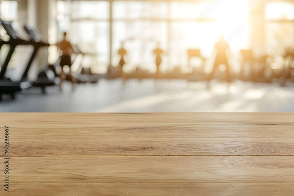 Poster blurred background of an empty wooden table in gym | workout space with minimalist design