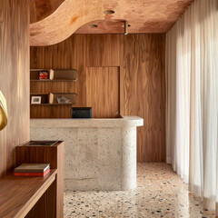 A modern reception area featuring unique design with wooden walls, speckled stone counter, and elegant curtains. warm tones create welcoming atmosphere