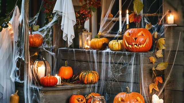 Enchanting Halloween Ambiance. Glowing Pumpkins and Flickering Candles Creating a Spooky Charm