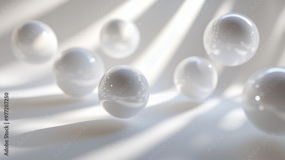 Poster a bunch of white spheres are floating in the air. the spheres are all different sizes and are scatte