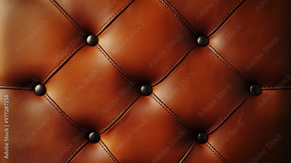 Poster a brown leather surface with black buttons. the surface is textured and has a shiny appearance. the 