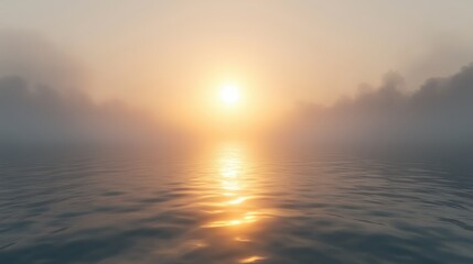 Obraz premium A calm body of water with a sun setting in the background. The water is still and the sky is cloudy