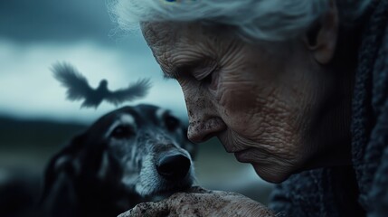 An elderly woman holding a bird in her hand with a loyal dog in the background, creating an emotional and tranquil scene, under a dramatic, cloudy sky.
