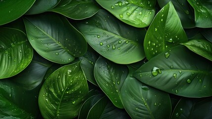 Fototapeta premium A close up of green leaves with water droplets on them. The leaves are arranged in a way that creates a sense of depth and texture. The image conveys a feeling of freshness and vitality