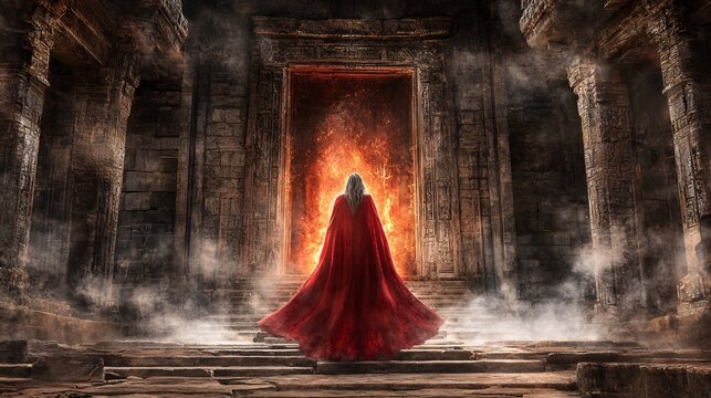 A dark sorceress standing in front of an ancient, glowing portal camera Fujifilm X-T4 lens 18mm f/2.8