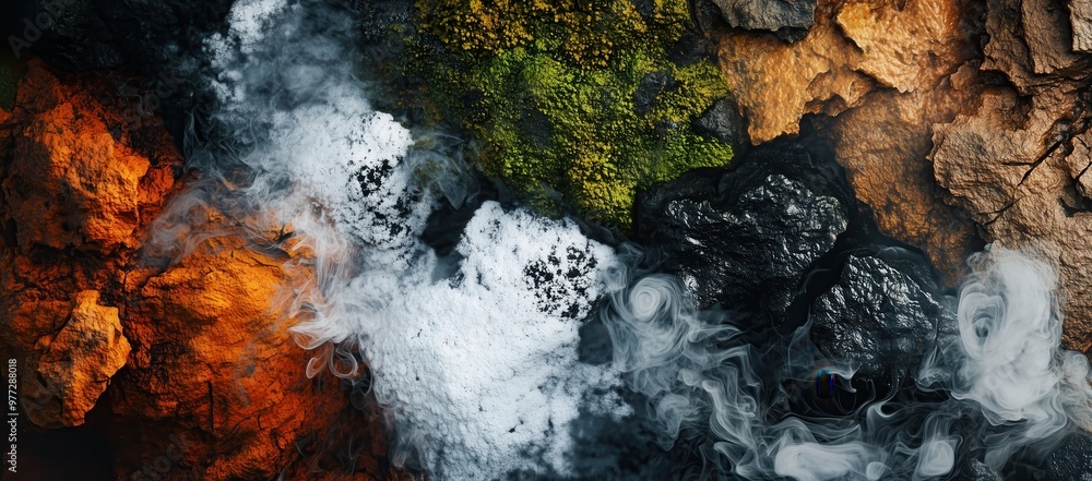 Poster a colorful and abstract image of smoke and steam with a variety of colors and textures. scene is mys