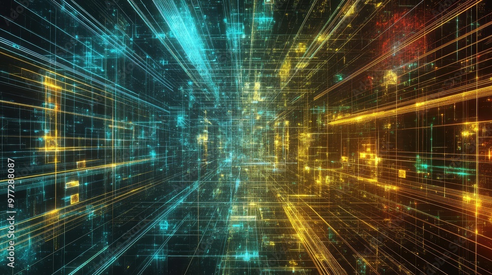 Aufkleber intersecting lines of light forming intricate geometric patterns in a futuristic grid.