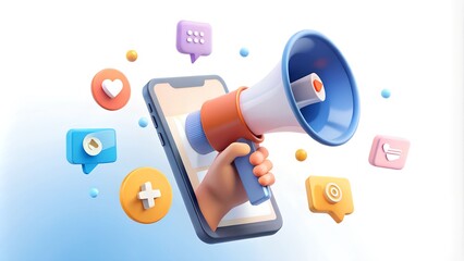 Bubble social media concept: A hand holding a smartphone and a megaphone notification in a minimal cartoon style, with talk, chat, and comments. This is a 3D rendered illustration.