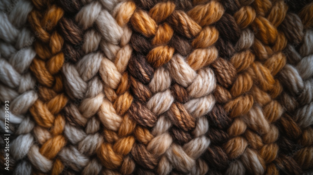 Poster a knitted item with a brown and white pattern. the knitted item is made of wool and has a fuzzy text