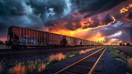 Fototapeta premium Stunning dusk with heavy weather above deserted freight trains