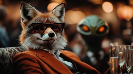A fox wearing glasses and a suit sits next to an alien with bright orange eyes at a sophisticated party, creating a whimsical and surreal social setting.