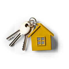 House keys with yellow keychain in the shape of a little house as a concept for real estate, buying or renting houses, with transparent background and shadow