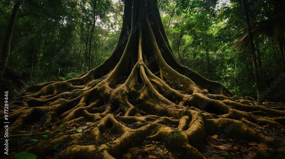 Poster a large tree with roots that are brown and spread out. the image has a mood of serenity and calmness