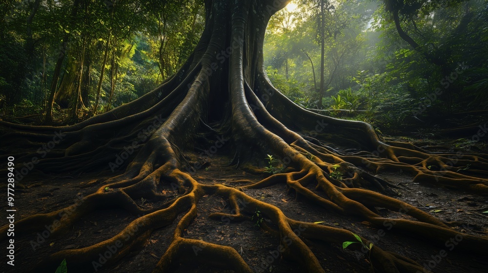 Poster a large tree with roots that are spread out and brown. the image has a mood of mystery and intrigue