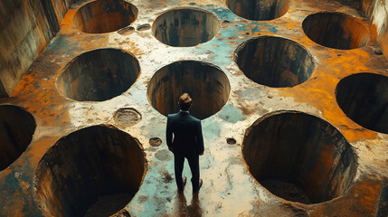 Many pitfalls in the ground and a man in a suit carefully walking between them.