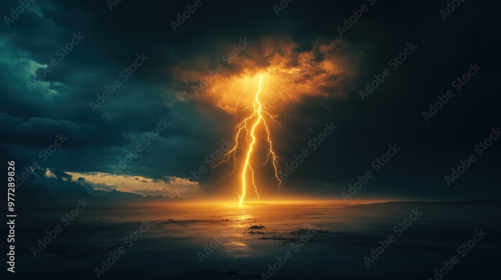 Poster a lightning bolt is seen in the sky above a dark ocean. the sky is filled with storm clouds and the 