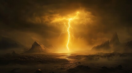 Fototapeta premium A lightning bolt strikes a rocky landscape. The sky is dark and stormy, and the scene is desolate and barren