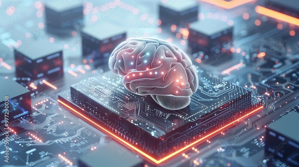 Poster 3d digital brain on circuit board glowing with light technology background