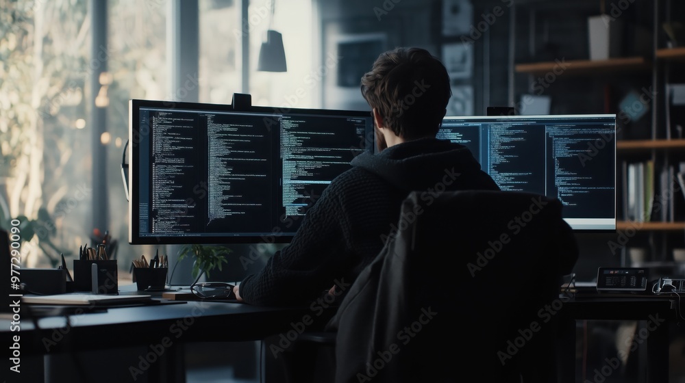 Poster a man is sitting in front of two computer monitors, one of which is displaying a code. concept of fo