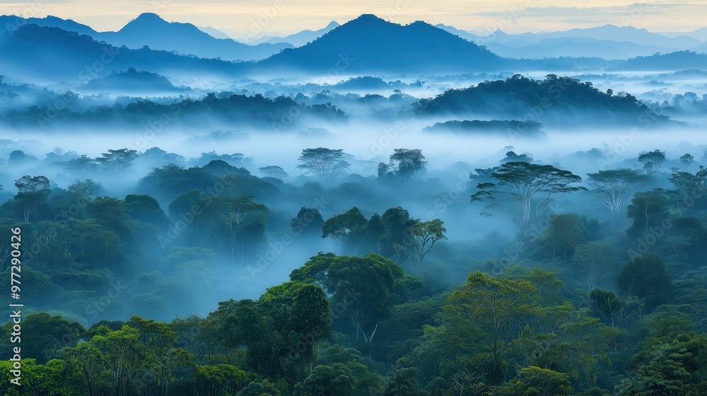 Poster a misty forest with trees and mountains in the background. the sky is cloudy and the trees are green