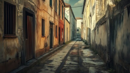 Obraz premium A narrow alleyway with a few buildings and a fence. The alleyway is empty and the buildings are old and run down