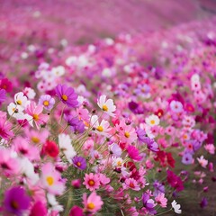 Obraz premium Soft And select Focus,A colorful field of Cosmos Flower is planted for visitors to visit the Cosmos Flower in the winter and the Cosmos Field. Flower is also the meeting of couples on Valentine's Day.
