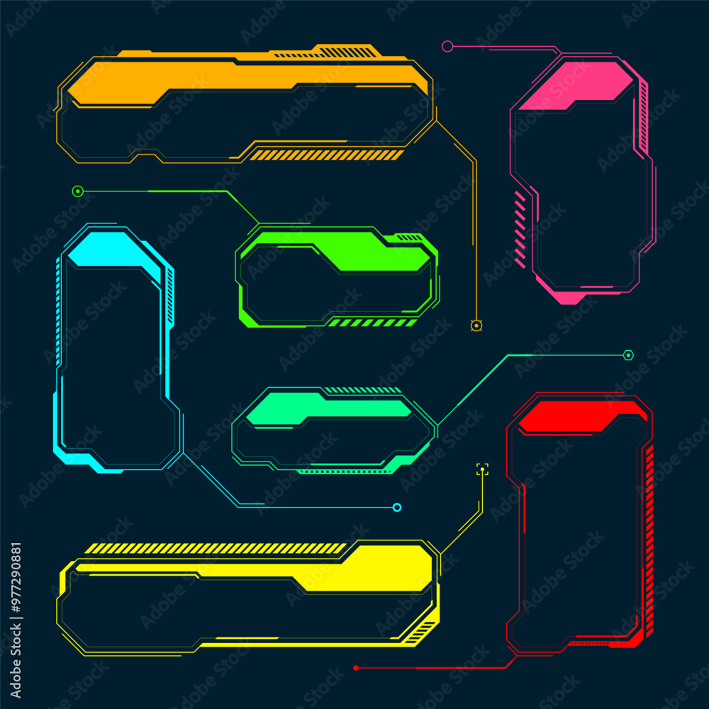 Poster futuristic hud or ui elements. sci-fi user interface text boxes, callouts. colorful warning message 