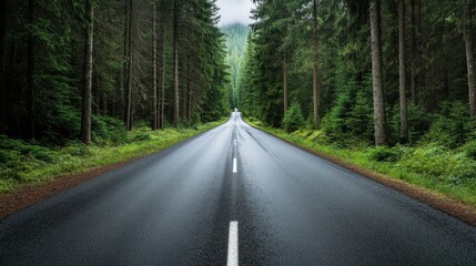 Scenic road through dense forest with towering pines on each side