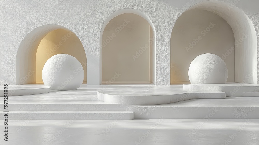 Poster minimal white background with geometric display structures for showcasing tech products or small acc