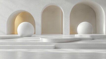 Minimal white background with geometric display structures for showcasing tech products or small accessories.