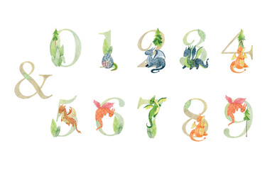 Watercolor dragons numbers.