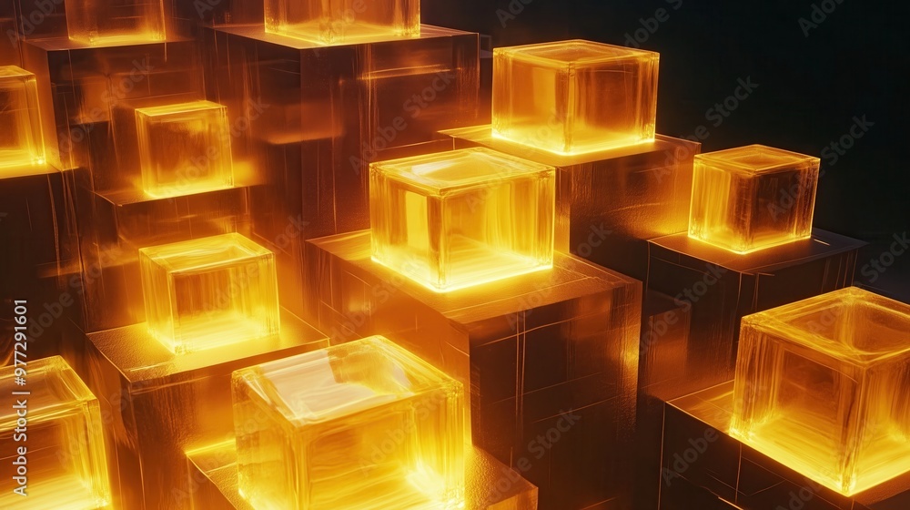 Poster a series of yellow cubes are lit up, creating a warm and inviting atmosphere. the cubes are arranged