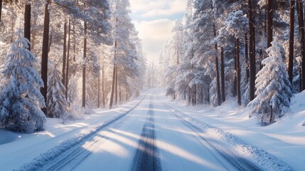 Fototapeta premium Winter wonderland scene with snow-covered road through pine forest