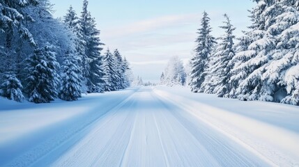 Winter wonderland scene, snow-covered road in pine forest