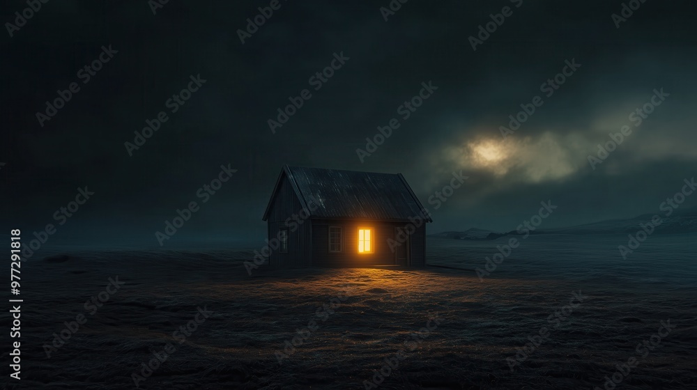 Poster a small house with a window is lit up by the moon. the scene is dark and quiet, with only the light 